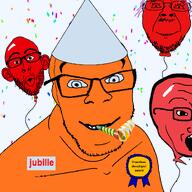 balloon confetti developer glasses happy janny jubille_(user) name orange_skin party_hat party_horn ribbon smile stubble text transparent_background variant:bernd variant:feraljak variant:nojak variant:soyak // 1500x1500 // 368.6KB