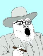 arm buck_breaking cigar clothes glasses hand hat holding_object open_mouth soyjak variant:tony_soprano_soyjak // 736x960 // 253.0KB