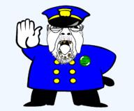 badge clothes full_body glasses hand hat missing_teeth old open_mouth police soyjak stubble text utubetrollspolice variant:bernd wrinkles // 1200x1000 // 55.1KB