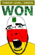ahegao emerald flag:south_ossetia gem glasses green green_eyes hair looking_up open_mouth schlog_color_event south_ossetia soyjak soyjak_blog stubble teeth text threat_level_green variant:cobson won // 721x1115 // 138.1KB