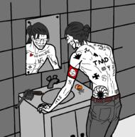 1488 art attack_on_titan bathroom belt celtic_cross closed_mouth clothes drawn_background drugs eren full_body glasses gun mirror nazism pistol schutzstaffel shingeki_no_kyojin sink smirk sonnenrad swastika tattoo text variant:chudjak ywnbaw // 1012x1021 // 95.5KB