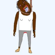 black_skin bloodshot_eyes clothes crying dead full_body glasses hand hanging leg lynching mustache rope shoe sleeveless_shirt soyjak stubble suicide template tongue variant:bernd yellow_teeth // 988x1000 // 159.5KB