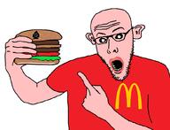 amerimutt black_sclera ear glasses hamburger looking_at_you mcdonalds meta:tagme mutt open_mouth pointing queen_of_spades red_shirt stubble variant:koolson // 1032x790 // 24.5KB