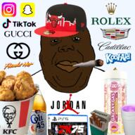 2k black_skin blunt cadillac chicago_bulls closed_mouth clothes colt_45 fat flamin_hot_cheetos fried_chicken galaxy_gas gucci hat instagram jordan kfc kool-aid lean newport nigger_weed playstation rolex snapchat tiktok tshirt variant:alicia weed yellow_sclera // 1221x1221 // 1.3MB