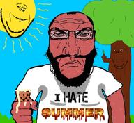 angry balding beard bloodshot_eyes clothes fist glasses hair hand holding_object i_hate ice_cream punisher_face red_face red_skin soyjak stubble subvariant:science_lover sun sweat_stain sweating text tree tshirt variant:markiplier_soyjak // 1017x935 // 552.2KB
