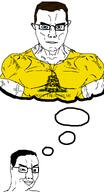 buff closed_mouth clothes don't_treat_on_me dont_tread_on_me flag:gadsden gadsden glasses hair imagination libertarian muscles smug subvariant:muscular_chud thick_eyebrows thinking variant:chudjak white_skin yellow_shirt // 2062x3794 // 859.2KB