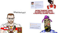 OrientalTrollface_(user) beard bloodshot_eyes brown_skin christanity clothes england flag:canada glasses hang hanged hanging hat imperator_(user) israel judaism kippah open_mouth orthodox orthodox_cross orthodox_study_bible orthodoxy purple_hair quebec queen_of_hearts schlog sloptranWNBAG_(namefag) subvariant:muscular_chud thick_eyebrows tranny variant:chudjak variant:parrotjak yellow_sclera yellow_teeth // 1920x1080 // 442.8KB
