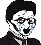 beard bloodshot_eyes clothes crying glasses hair max_stirner open_mouth round_glasses soyjak stubble variant:soyak // 1080x1205 // 526.5KB