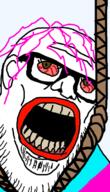 bloodshot_eyes brown_eyes dead ear flag glasses hair hanging lipstick open_mouth purple_hair rope soyjak stubble suicide tranny variant:stu // 387x673 // 98.7KB