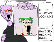 4chan anime antenna arm clothes crying fat glasses green_hair hair hand hands_up holding_object incel lust_provoking_image open_mouth paper purple_skin red_eyes reddit redditard sex soyjak speech_bubble stubble subvariant:wewjak text tshirt variant:soyak white_skin yotsoyba // 1028x801 // 166.3KB