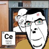 2soyjaks adolf_hitler bloodshot_eyes blue_eyes blush cerium chemistry closed_eyes closed_mouth clothes ear earring element furnace gas_chamber glasses hair holocaust irl_background judaism lanthanides large_nose mustache nazism nose_piercing sad soyjak stubble swastika text variant:cobson // 1250x1250 // 902.7KB