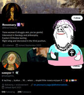 bible book christianity flag:transgender_pride_flag holding_book holding_object king lipstick makeup purple_hair smile soyjak stubble tranny variant:gapejak xitter // 1125x1273 // 312.4KB