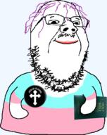 bible book christianity flag:transgender_pride_flag holding_book holding_object king lipstick makeup purple_hair smile soyjak stubble tranny transparent variant:gapejak // 514x649 // 128.9KB