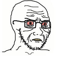 bloodshot_eyes brown_eyes closed_mouth glasses soyjak stubble tired variant:soyak wrinkles yellow_teeth // 378x378 // 70.6KB