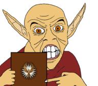 anbennar bald book elf eu4 holding_book holding_object open_mouth orange_eyes pointing tan_skin teeth_showing variant:feraljak white_background yellow_skin // 1016x893 // 283.1KB