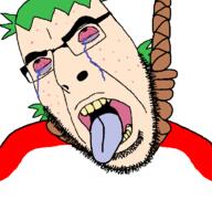 4chan acne anime bloodshot_eyes clothes crying glasses green_hair hair hanging open_mouth rope soyjak stubble suicide tongue variant:cobson yellow_teeth yotsoyba // 768x719 // 26.8KB