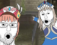 2soyjaks anime arm atelier barrel clothes glasses grey_hair hand hat mustache open_mouth orange_hair pointing rororina_fryxell soyjak stubble totooria_helmold variant:two_pointing_soyjaks video_game // 1137x900 // 230.9KB