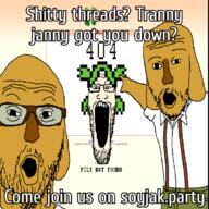 3soyjaks 404 4chan advertisement anime arm ban clothes dog glasses green_hair hair hand janny mustache open_mouth pointing screenshot soyjak soyjak_party stubble suspenders text variant:markiplier_soyjak variant:two_pointing_soyjaks white_skin yellow_skin yotsoyba // 900x900 // 253.4KB