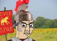 angry chud closed_mouth clothes glasses helmet irl_background roman roman_legionary_helmet rome soyjak text variant:chudjak white_skin // 2048x1462 // 782.6KB