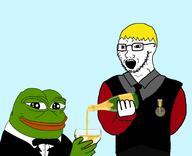 amphibian arm badge bottle clothes frog glass glasses green_skin hair hand holding_bottle holding_object nas:pepe nate necktie open_mouth pepe_the_frog smile soot_colors soyjak soyjak_party stubble suit text tuxedo variant:soyak yellow_hair // 1702x1384 // 301.8KB