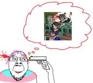 anime blood closed_mouth dream glasses gun hand mustache purple_hair smile soyjak stubble suicide tranny variant:bernd // 1782x1601 // 591.1KB