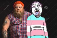beanie bloodshot_eyes clothes crying dreamstime_watermark fat flag hat irl lumberjack meta:tagme open_mouth purple_hair soyjak stock_image stock_image_watermark tongue tranny variant:bernd watermark // 1300x864 // 160.5KB