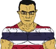 angry brown_eyes brown_skin buff closed_mouth coal country ear flag flag:thailand glasses hair soyjak subvariant:chudjak_front subvariant:muscular_chud thailand variant:chudjak vein // 1059x929 // 36.2KB