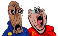 2soyjaks amerimutt award beard black_sclera brown_skin clothes ear european_union flag flag:european_union glasses lips mcdonalds mutt open_mouth red_eyes red_shirt scared screaming shitskin soyjak star_(symbol) stubble subvariant:doctos subvariant:euromutt subvariant:impish_amerimutt sweater teeth united_states variant:impish_soyak_ears variant:markiplier_soyjak // 864x529 // 301.3KB