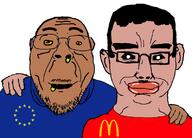 2soyjaks amerimutt big_lips black_sclera blue_shirt chud_troon_alliance clothes drool ear euromutt europe european_union flag flag:european_union friendship glasses hair half_open_mouth hoodie mcdonalds mucus mustache red_shirt small_eyes stubble subvariant:chudjak_front thick_eyebrows ugly united_states variant:bernd variant:chudjak wrinkles yellow_sclera // 798x575 // 148.7KB