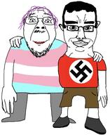 2soyjaks arm chud_troon_alliance closed_mouth clothes foot friendship full_body glasses hair hand hugging leg lips looking_at_you mustache nazism pink_hair shoe shorts smile stubble subvariant:chudjak_front swastika teeth tranny transgender_flag variant:bernd variant:chudjak // 1313x1606 // 300.9KB