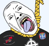 angry bible bible_verse celtic_cross christian_identity christianity crown hair hanging nazism open_mouth racism revelation_(bible) revelation_2:9 soyjak stubble variant:bernd // 768x719 // 166.7KB