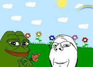 amphibian butterfly cloud flower frog garden grass green_skin happy hill nas:pepe nature pepe pepe_the_frog plant rainbow sky smilling subvariant:wholesome_soyjak sun variant:gapejak wholesome // 1022x740 // 156.2KB