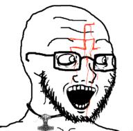 bald blood blood_drip blood_from_forehead blood_on_face crazed glasses looking_to_the_right nazism necklace open_mouth soyjak stubble subvariant:soyak_(crazed) swastika variant:soyak white_background // 730x722 // 53.6KB