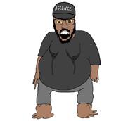 angry arm ascence_(user) beard brown_eyes brown_skin cap clothes fat full_body glasses hat mustache open_mouth series:fusionjaks soyjak sweating t50_eyes variant:el_perro_rabioso variant:feraljak yellow_sclera // 900x804 // 70.6KB