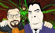 2soyjaks brown_beard brown_hair closed_mouth clothes friendship g-man glasses goatee gordon_freeman hair half-life hand hev_suit necktie no_more_brother_wars resonance_cascade smile soyjak suit valve variant:cobson variant:feraljak video_game white_skin // 1557x929 // 957.8KB