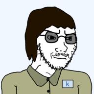 brown_hair closed_mouth clothes glasses hair k_(user) meta:op_took_a_selfie_of_xerself meta:self_insert moustache name_tag stubble subvariant:soyak_(irritated) tinted_glasses variant:soyak // 1000x1000 // 23.4KB