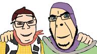 2soyjaks blue_eyes brown_eyes brown_hair buzz_lightyear closed_mouth clothes cow cowboy friendship glasses hand no_more_brother_wars pixar smile soyjak spaceman stubble toy_story variant:cobson variant:feraljak white_skin // 1920x1080 // 342.6KB