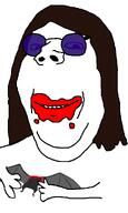 animal bat blood brown_hair eating glasses hair holding_object long_hair ozzy_osbourne round_glasses smile soyjak subvariant:wholesome_soyjak sunglasses variant:gapejak // 600x1000 // 24.0KB