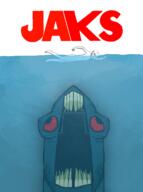 artist:nathaniel_higson bloodshot_eyes fish glasses jaws movie parody poster red_eyes scared sea shark soyjak stubble subvariant:kekjak subvariant:soyak_(concerned) swimming teeth variant:soyak water yellow_teeth // 1583x2130 // 2.9MB