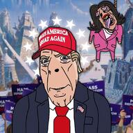 blond cap clothes deportation donald_trump hanging hat hyperborea kamala_harris lapel_pin maga maga_hat meta:tagme necktie orange_skin red_tie star subvariant:brunetto suicide suit tongue variant:bernd variant:cobson // 1080x1080 // 200.3KB