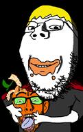 2soyjaks ack arm closed_mouth clothes crying ear eating food froot fruit glasses holding_object holding_severed_head imminent_death juice mua-ha-ha nate ominous open_mouth orange orange_(fruit) severed_head smile stubble trollge variant:gapejak variant:nojak yellow_hair // 630x998 // 49.9KB