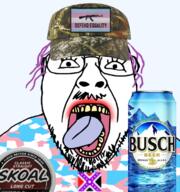 baseball_cap beer busch camouflage chewing_tobacco clothes confederate glasses gun hat leftypol open_mouth purple_hair skoal soyjak stubble tongue tranny variant:bernd yellow_hair // 1063x1137 // 1.2MB