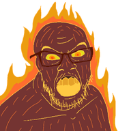 angry beard burning element fire glasses glowing open_mouth orange_eyes red_skin stubble torch variant:feraljak // 1500x1500 // 151.6KB