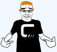black_shirt claymore_gaming clothes eyebrows ginger glasses gmod happy orange_hair pointing smile soyjak subvariant:chudjak_front transparent tshirt variant:chudjak variant:shirtjak // 618x559 // 60.5KB