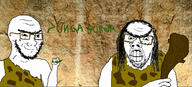 2soyjaks angry arm beard cave caveman clenched_teeth closed_mouth clothes club_(weapon) glasses greentext hair hand holding_object long_hair prehistoric smile smug soyjak stubble text variant:feraljak variant:soyak weapon // 1348x608 // 153.5KB