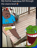 astrofene_(namefag) bloodshot_eyes brown_skin crimea crimean_tatar crying cuck cuckold diaper faggot frog jartyfly kek laughing mcdonalds meme pepe pepelaugh piss poop reddit series:jartybug shitskin stairs stinky trend:jartycuck // 1479x1920 // 1.8MB