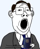 arm bible blue_tie book brown_hair christianity clothes ear glasses hair hand holding_book holding_object king_james kjv necktie open_mouth pastor smile soyjak suit teeth text transparent_background variant:protestantjak // 1452x1777 // 657.9KB