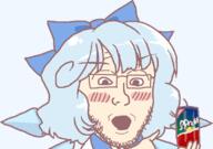 anime blue_hair blush bowtie can cirno clothes glasses gyate_gyate hand holding_object open_mouth pointing series:gyatejaks soyjak sproke stubble touhou tranny_artstyle variant:platejak video_game white_skin // 744x524 // 30.9KB