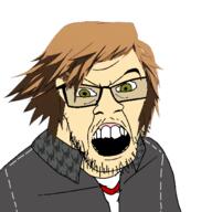 angry anime brown_hair clothes glasses green_eyes hair hanamura_yosuke jacket looking_at_you open_mouth persona persona_4 soyjak stubble tinted_glasses tshirt variant:feraljak video_game white_background white_skin // 1500x1500 // 656.1KB