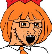 clothes glasses hair hair_ribbon mymy necktie ongezellig open_mouth orange_hair orange_skin soyjak stubble variant:soyak // 776x816 // 41.1KB